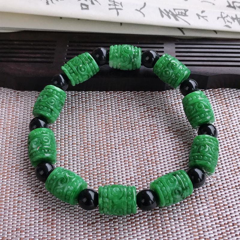 翡翠路路通手串复古辣绿满绿缅甸天然翡翠老坑a货冰糯翡翠雕花链