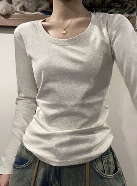 春夏新款圆领正肩长袖t恤女棉质内搭低领螺纹修身显瘦上衣打底衫