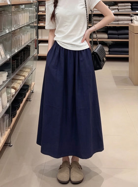 藏青色亚麻半身裙女2026新款夏季高腰a字裙高级巨好看棉麻长裙子