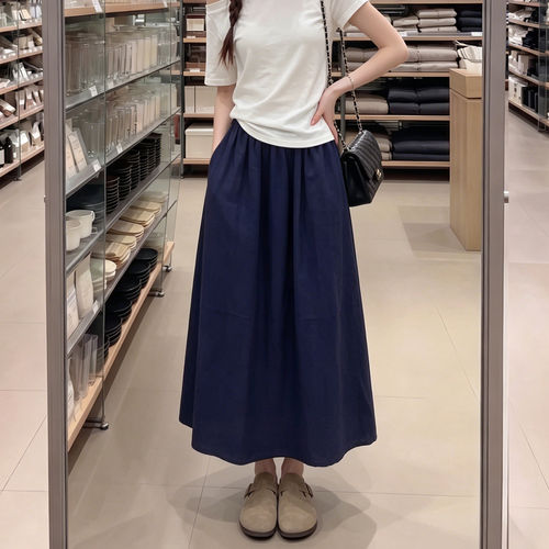 藏青色亚麻半身裙女2026新款夏季高腰a字裙高级巨好看棉麻长裙子