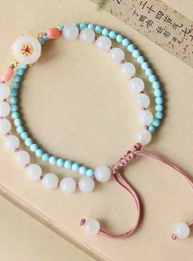 遇见你的幸运| 希望之花·羊脂白玉原矿绿松石双圈手链恋爱编绳