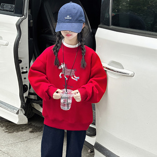 女大童加绒卫衣秋装2025新款初中生女孩保暖上衣冬季加厚打底