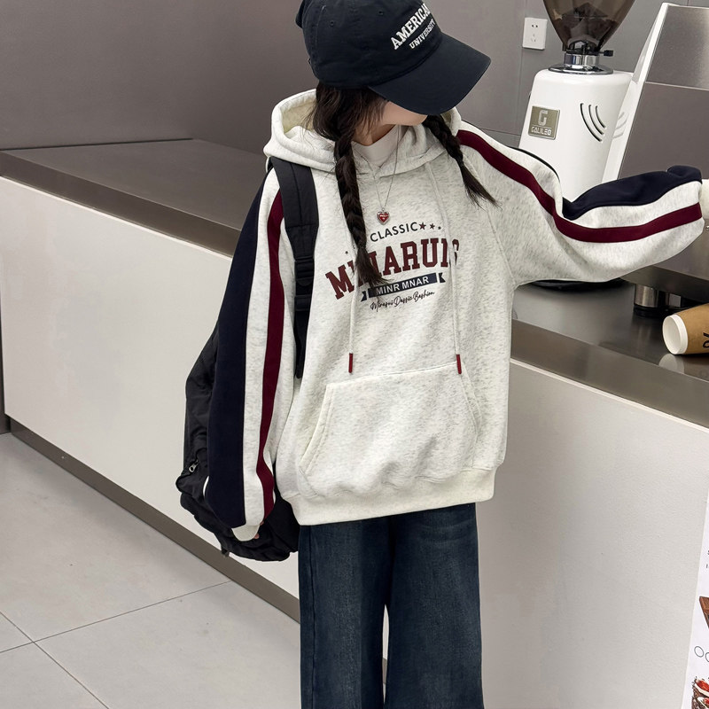 女童加绒卫衣冬装2025新款初中生加厚帽衫中大童一体绒冬季上