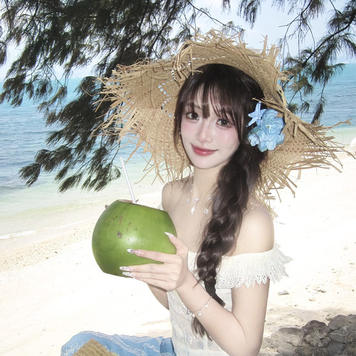 花朵发夹女夏天度假风头饰侧边海星发卡配饰海边拍照蓝色头花发饰