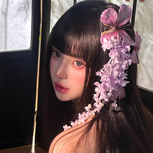 紫色铃兰花朵头饰女流苏头花发饰仙气汉服边夹日式古风紫藤发夹
