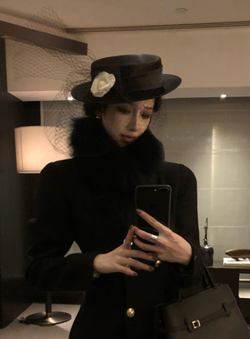 复古赫本风黑色网纱花朵礼帽法式优雅名媛平顶帽子女气质洋气头饰