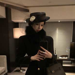 复古赫本风黑色网纱花朵礼帽法式 优雅名媛平顶帽子女气质洋气头饰