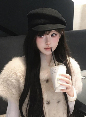 fever同款黑色英伦风小众贝雷帽子女秋冬显脸小羊毡帽毛呢画家帽