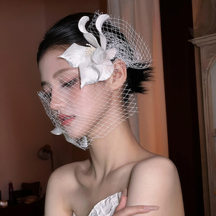 法式 复古新娘结婚头饰立体白色花朵头花网纱发夹宴会婚礼优雅发饰