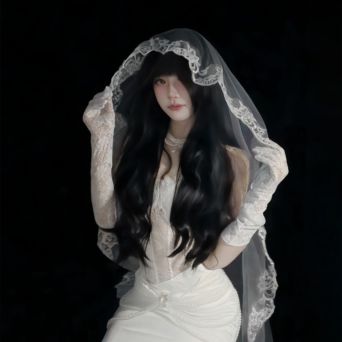 吸血鬼新娘白色蕾丝头纱万圣节cos圣母玛利亚哥特风花嫁女巫头饰