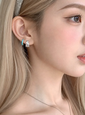 蓝色滴釉波点拉丝耳环女