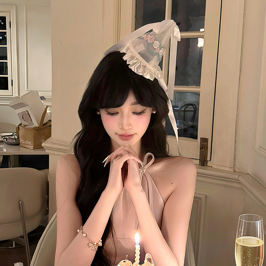甜美公主刺绣花朵生日帽夹蝴蝶结系带头箍party头饰拍照道具发饰