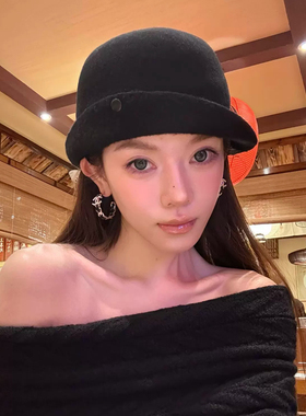 张婧仪同款黑色羊毛翻檐礼帽女秋冬季保暖高级感百搭显脸小渔夫帽