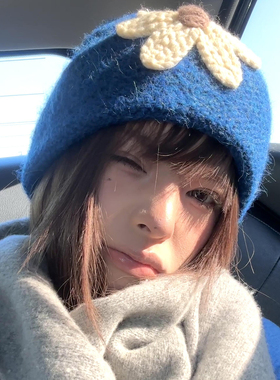 韩系蓝色立体花朵含毛针织帽女秋冬日系甜美显脸小保暖护耳包头帽
