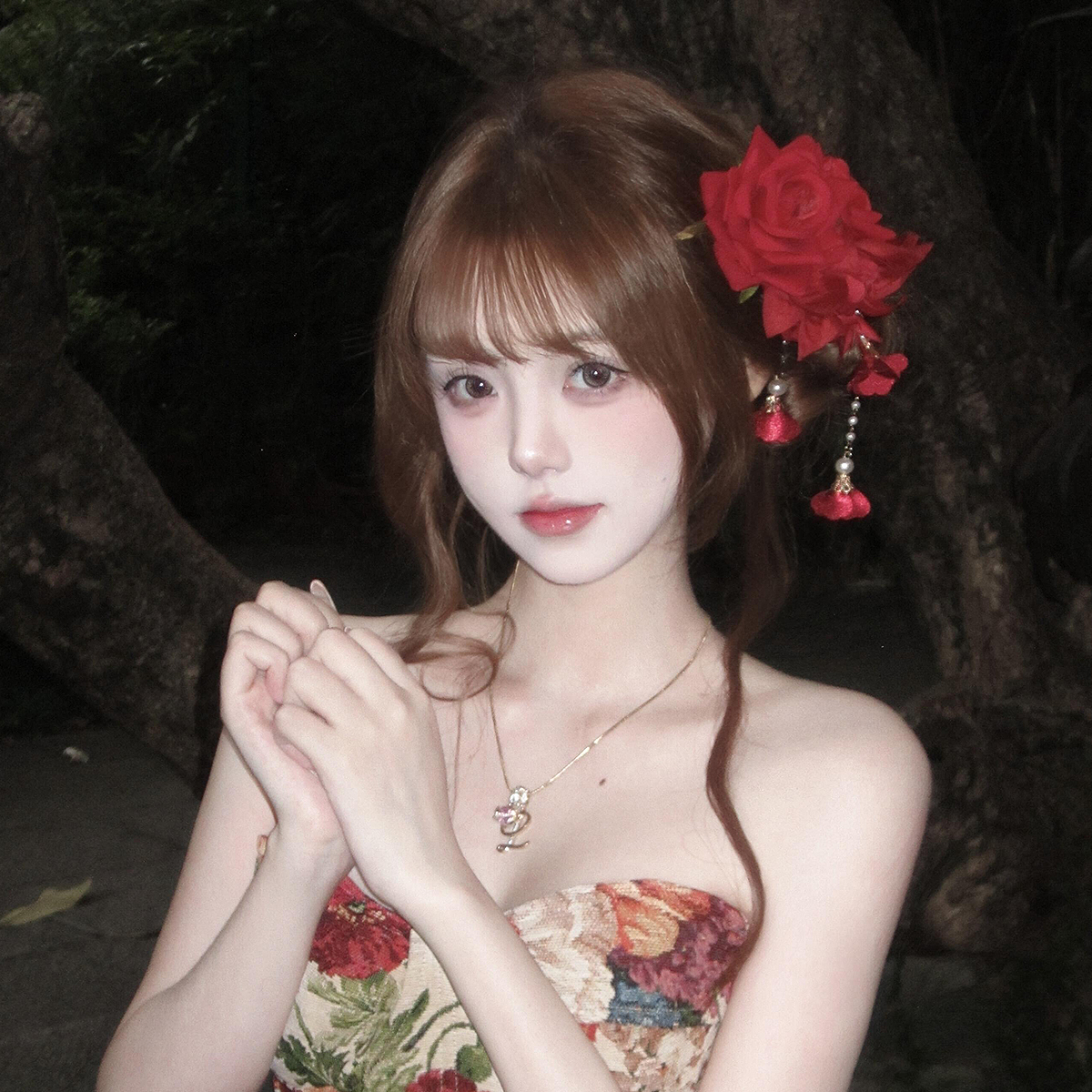 古风酒红色玫瑰流苏发夹女新中式新娘旗袍绒花头饰侧边夹新年发饰