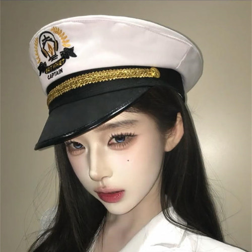 少女暴君白色刺绣海军帽辣妹cos船长帽海边拍照水手帽子表演道具