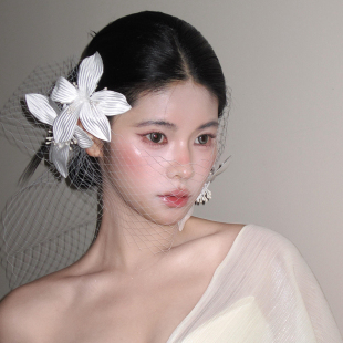法式 网纱面纱白色花朵发夹唯美新娘婚纱礼服造型配饰头饰拍照道具