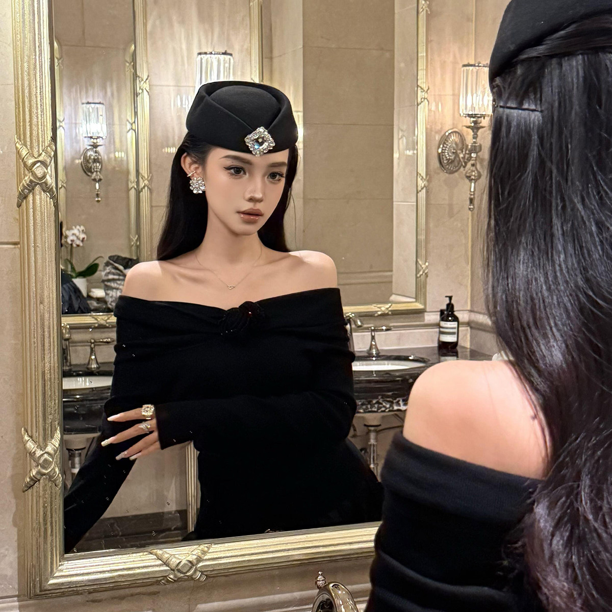 赫本风黑色贝雷帽子女法式千金小礼帽头饰空姐制服帽复古帽子高级