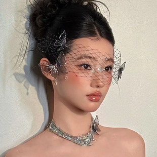 法式新款新娘头饰复古黑色网纱水钻蝴蝶面纱发饰超仙婚纱礼服配饰