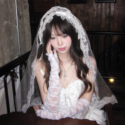 万圣节头饰鬼新娘复古白色蕾丝头纱领证结婚生日拍照道具婚纱发饰