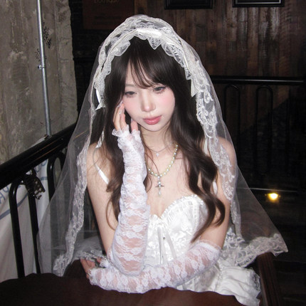 万圣节头饰cos鬼新娘复古白色蕾丝花边头纱结婚装扮拍照道具发饰