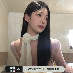 玫瑰花丝巾女生夏季 长款 薄款 花朵脖子配饰项链遮颈纹高级感锁骨链