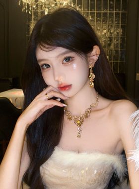 闪耀千金~超闪金色水滴流苏项链高级感气质晚宴夸张新娘礼服配饰