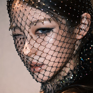 欧美水钻面罩头套女弹力黑色网格头罩闪钻音乐节渔网拍照道具配饰