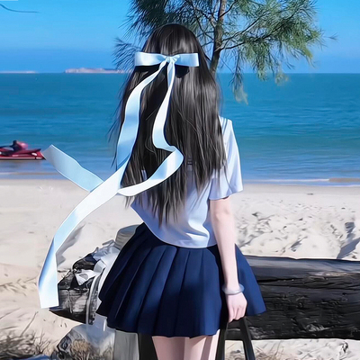 蓝色蝴蝶结长发带飘带发夹JK水手服配饰丝带发卡头饰海边拍照发饰