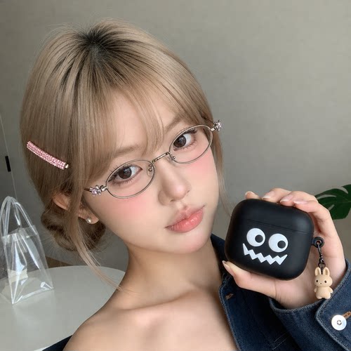 银色镶钻椭圆无度数防蓝光眼镜