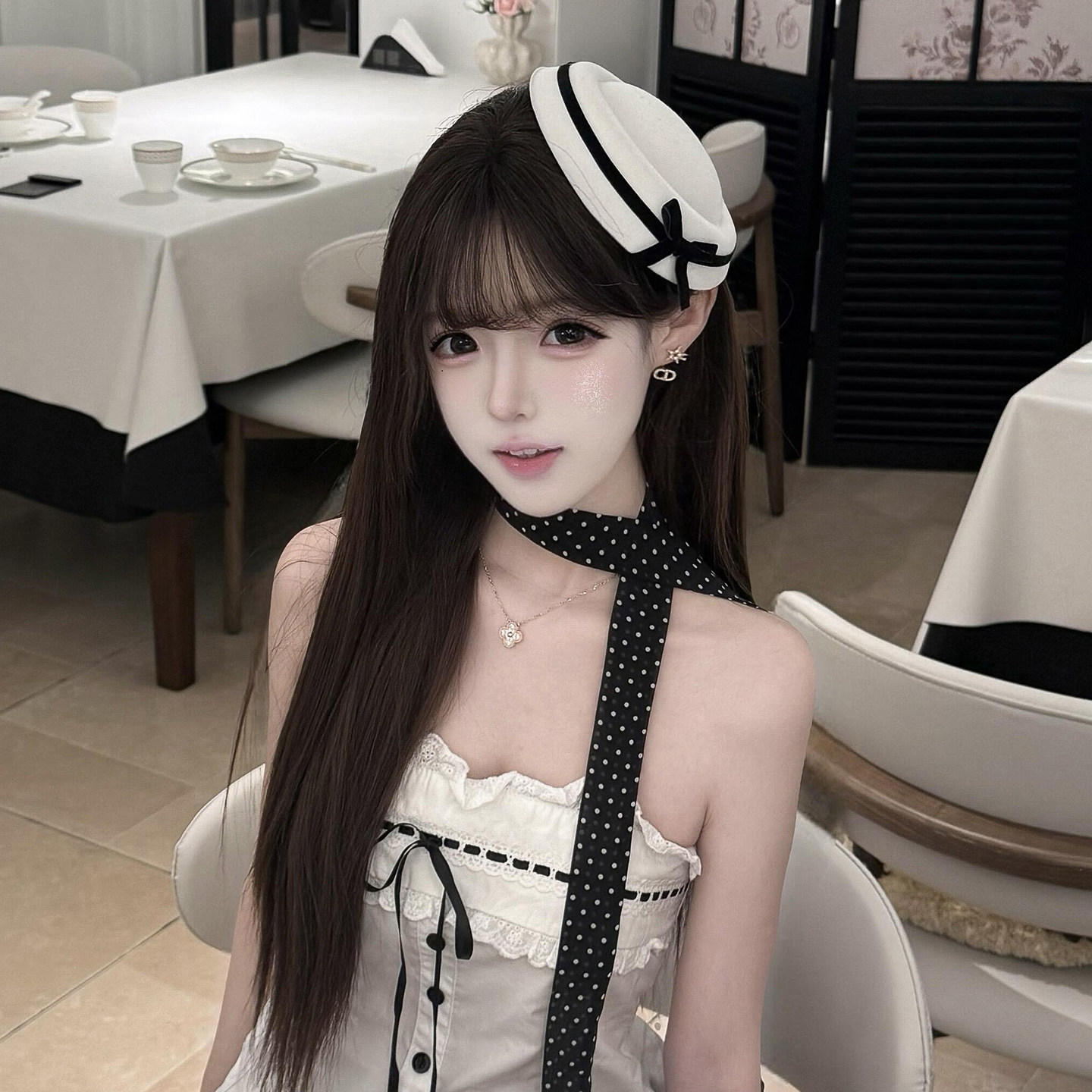 赫本英伦海军风贝雷帽女丝绒蝴蝶结小礼帽可爱甜美波点丝巾长围巾