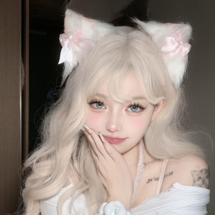 粉色蝴蝶结猫耳朵头饰女cosplay毛绒兽耳发夹Lolita女仆漫展发饰