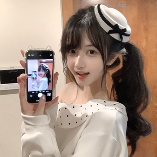 赫本海军风贝雷帽发饰黑白丝绒蝴蝶结小礼帽可爱甜美圆顶帽子头饰