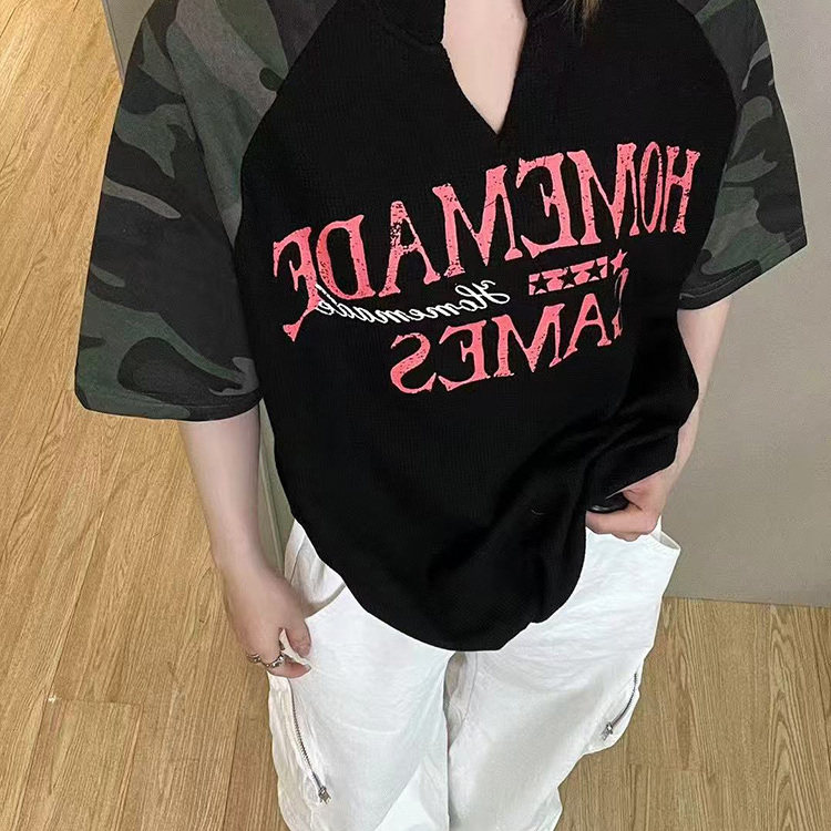 美式高街字母印花迷彩短袖t恤男女潮牌ins嘻哈宽松纯棉半袖上衣夏