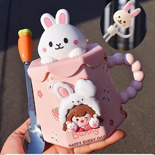 高颜值可爱小熊小兔水杯女生马克杯高级办公室陶瓷杯套装礼盒送人