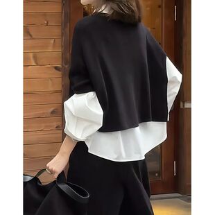 韩系减龄女士圆领百搭披肩春秋新款 独特别致高级宽松黑色外搭 大码