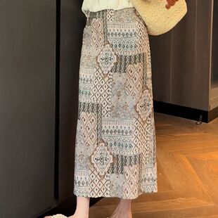 复古印花半身裙子女夏季 百搭松紧高腰显瘦直筒中长a字裙ins潮 新款