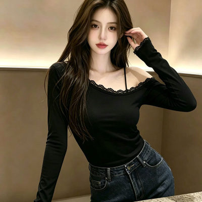 秋季新款爆款黑色设计感蕾丝斜肩长袖t恤女修身显瘦百搭短款上衣