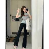 复古黑色高腰弹力显瘦微喇裤 女春夏薄款 小个子窄版 美式 直筒长裤 子