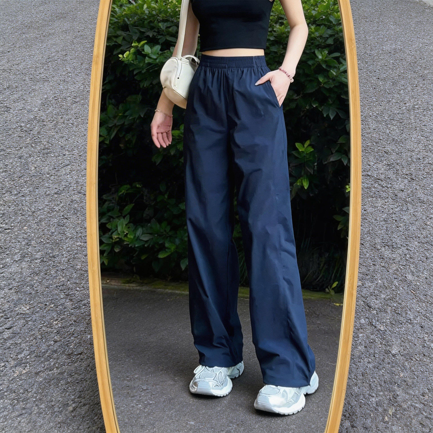 藏青色阔腿休闲裤女夏季薄款新款松紧腰高腰运动直筒休闲裤子百搭