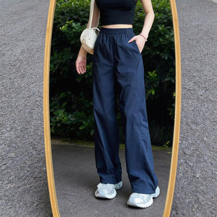 藏青色阔腿休闲裤女夏季薄款新款松紧腰高腰运动直筒休闲裤子百搭