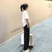 高腰直筒小个子长裤 印花十字架裤 窄版 阔腿运动休闲裤 子女夏季 新款