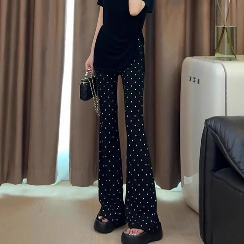 黑色波点印花直筒休闲裤子女春夏新款薄款高腰弹力显瘦微喇叭长裤,女装/女士精品,休闲裤,淘宝优惠券,粉丝福利购,淘宝优惠卷