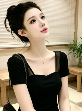 高级感简约黑色拼接网纱方领短袖T恤女夏季新款洋气减龄显瘦上衣