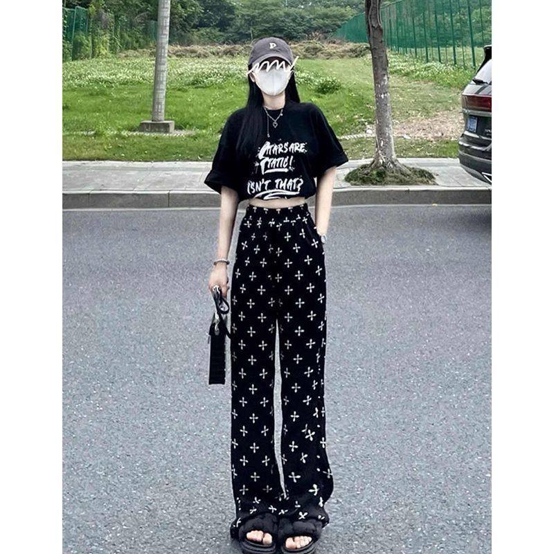 大码小个子十字架印花阔腿休闲裤子女夏季新款高腰显瘦垂感直筒裤,女装/女士精品,休闲裤,淘宝优惠券,粉丝福利购,淘宝优惠卷