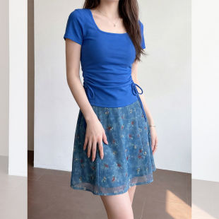 棉质蓝色方领抽绳修身t恤女2026新款夏季巨好看的短袖上衣衫百搭
