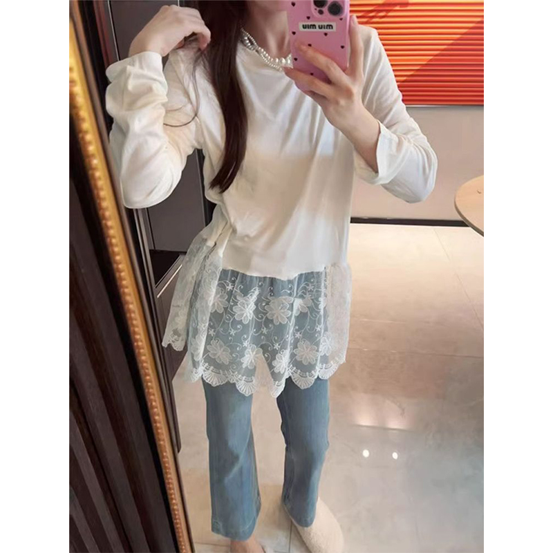 春秋冬新款简约打底衫圆领长袖拼接蕾丝花边T恤女叠穿中长款上衣