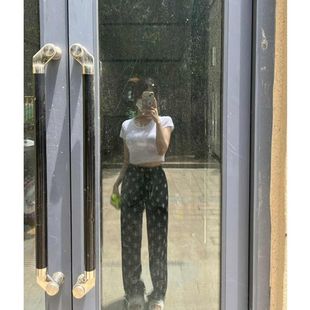 大码印花十字架裤子女夏季新款运动直筒阔腿裤休闲百搭小个子长裤