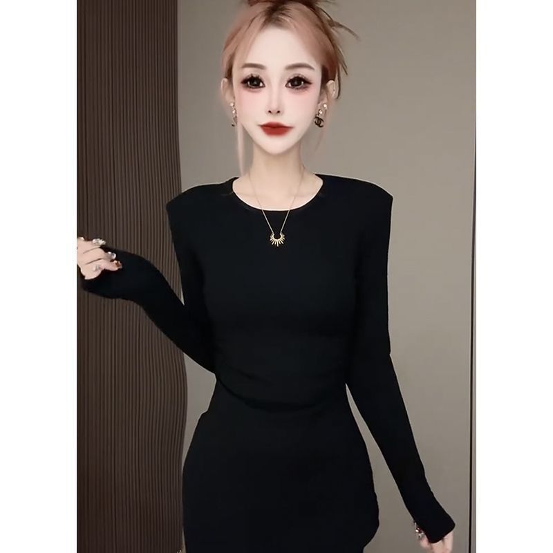 欧货简约风褶皱收腰德绒长袖T恤女秋冬新款不规则修身气质小上衣