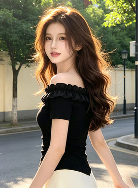 黑色一字露肩短袖t恤女装2026夏季新款设计感独特漂亮巨好看上衣